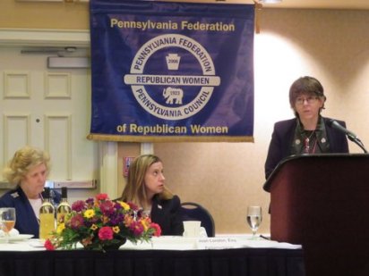 National security expert Cynthia Ayers speaks during Saturday's lunch.